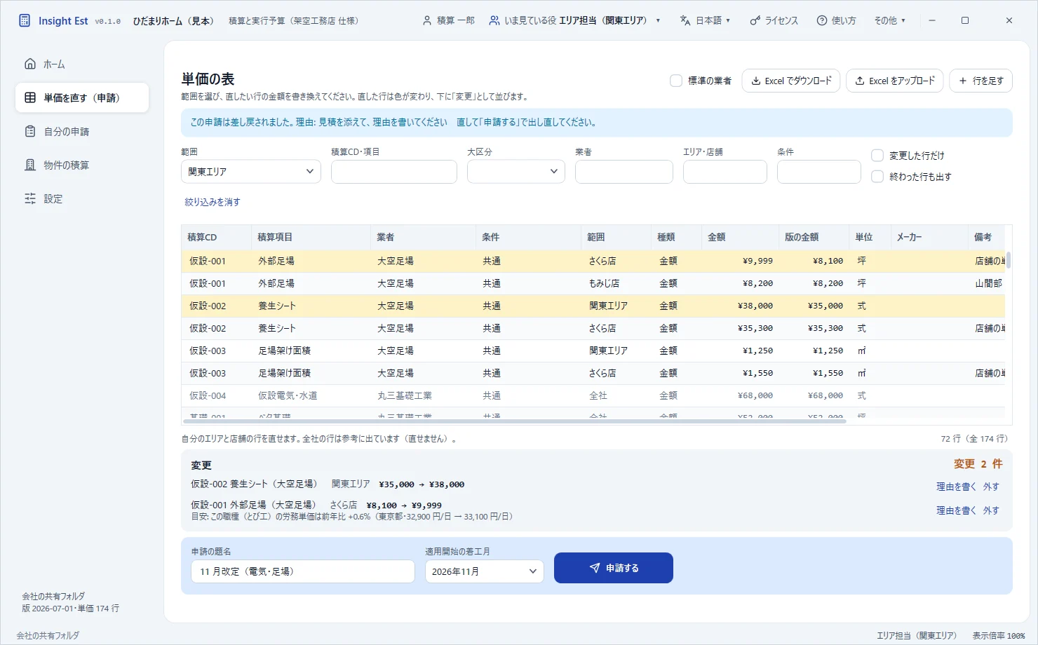エリア担当が単価を直している画面。直した行が下の「変更」に並ぶ(架空の会社の見本)