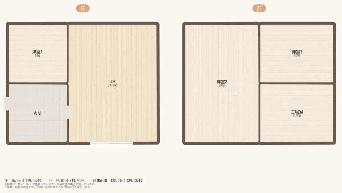 架空のJw_cadの平面図から作った間取り図。部屋の形・部屋名・帖数が入っている